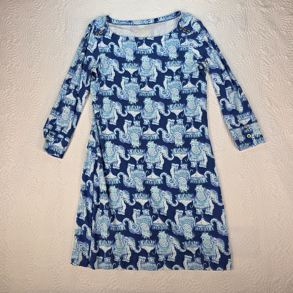 Lilly Pulitzer Blue Elephant Print Shift Dress Button Shoulder 3/4‎ Sleeve Small